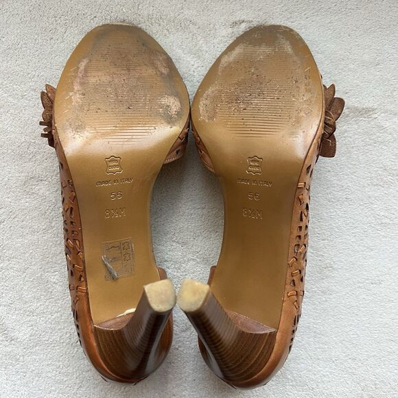 Via Spiga Tan Woven Leather Open Toe Heels Women 8.5 Cut Outs Flower Casual - Picture 15 of 16